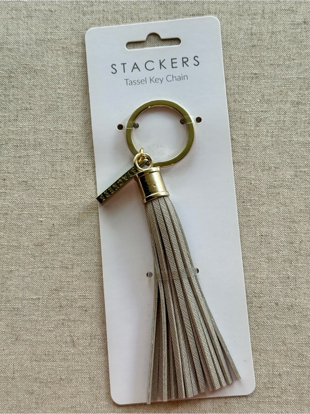 Stackers Taupe Tassel Keychain NWT Gold Tone Faux Leather Bag Charm